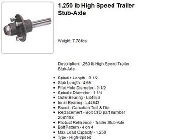 1250 Pound High Speed Axles - This is an old screen shot that I had saved.